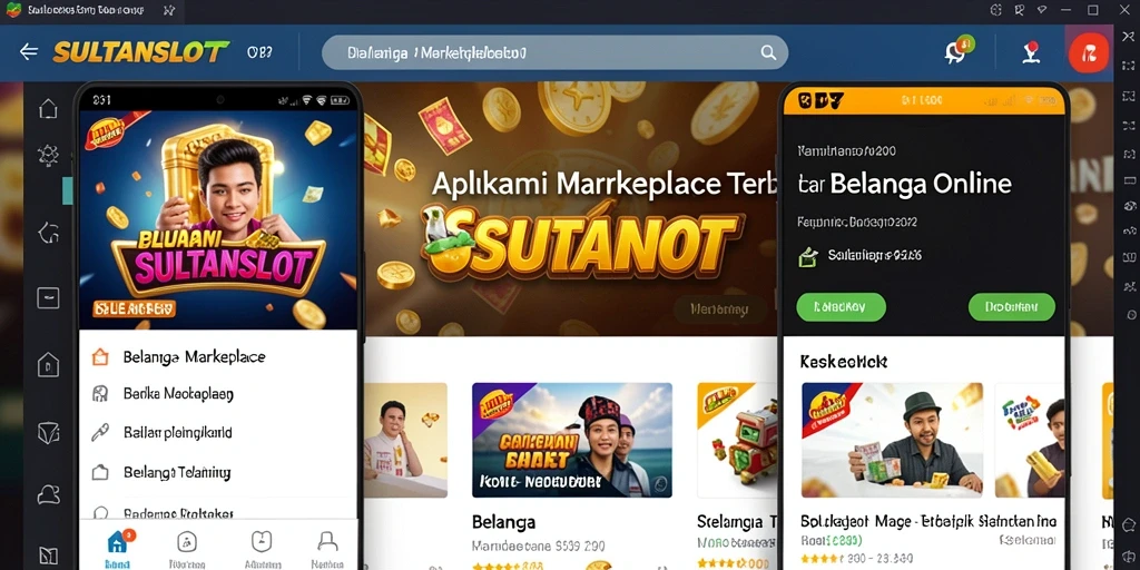 Tampilan antarmuka aplikasi SULTANSLOT dengan fitur Marketplace.